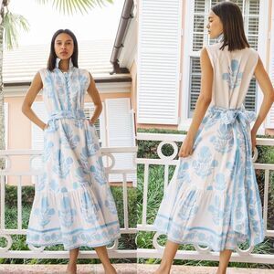 SUE SARTOR Flounce Sleeveless , Baby Blue Marigold XS $459